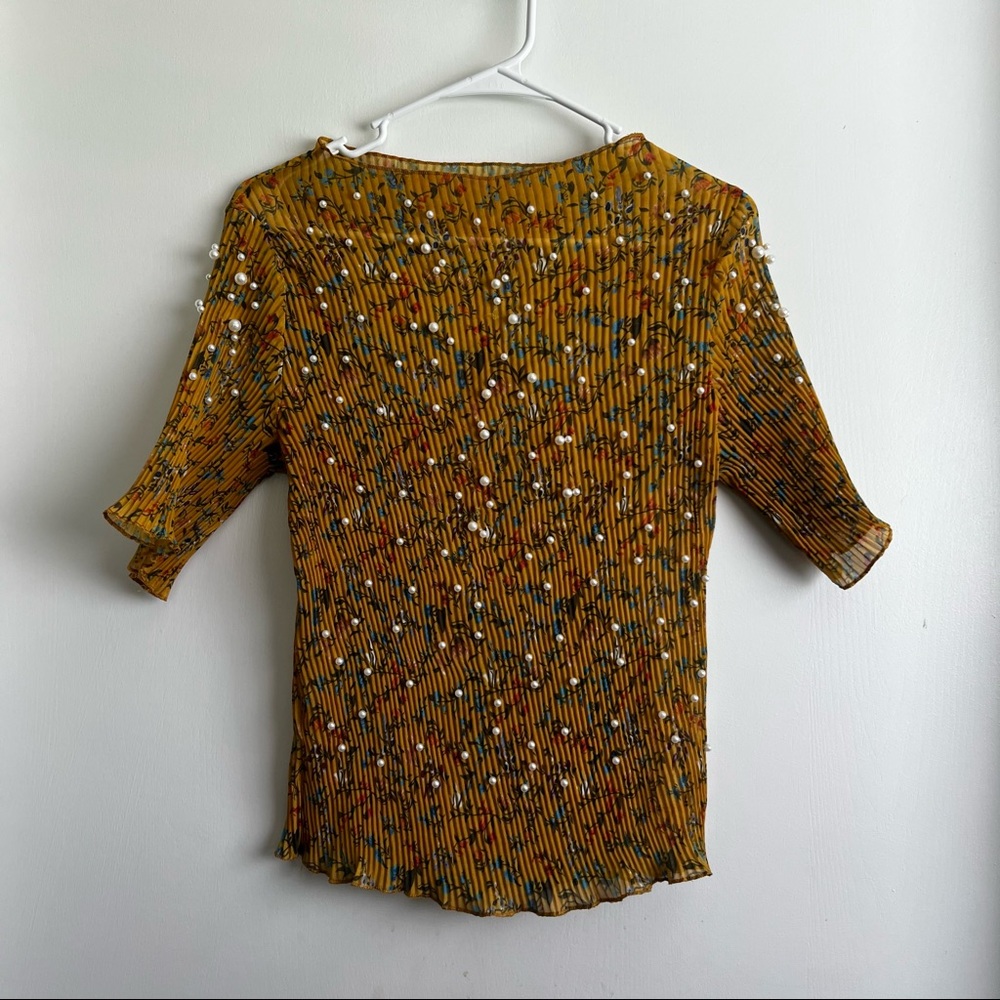 Sheer mustard top with white beads